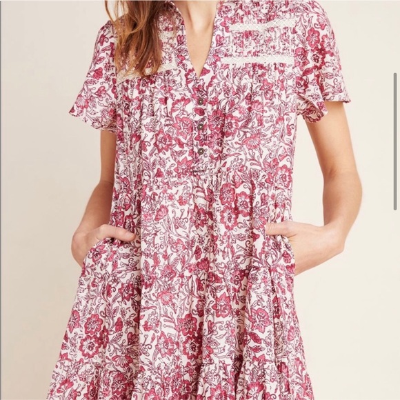 Anthropologie Red Cream Floral Georgina Dress by Maeve XS - Picture 2 of 16
